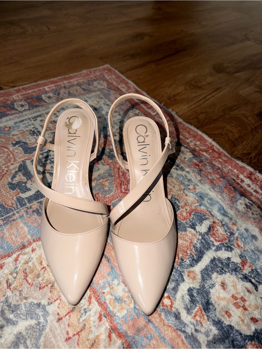 Calvin Klein Nude Patent Pointed Slingback Pumps
